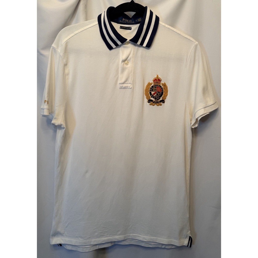 Polo Ralph Lauren Medium White Blue Collar Short Sleeve Polo Embroidered Patch